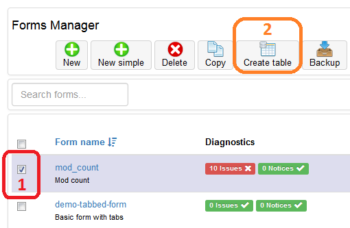 Chronoforms5: Create table