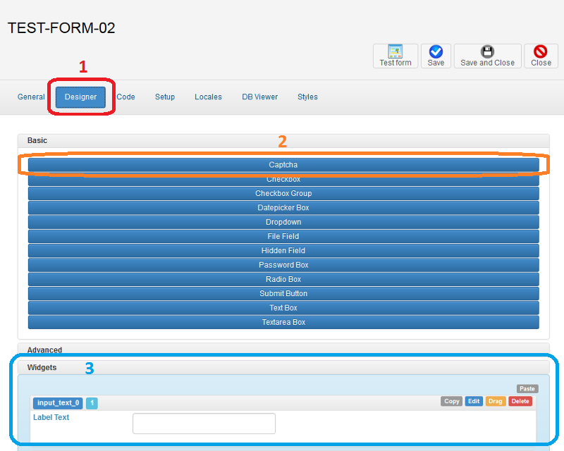 Chronoforms Form Designer: Captcha Button Chronoforms Form Designer: Drag Captcha Button to Designer area