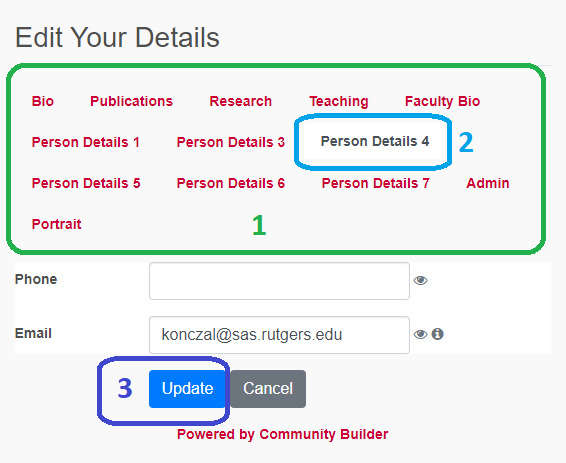 Community Builder: "Edit your details" page with tabs