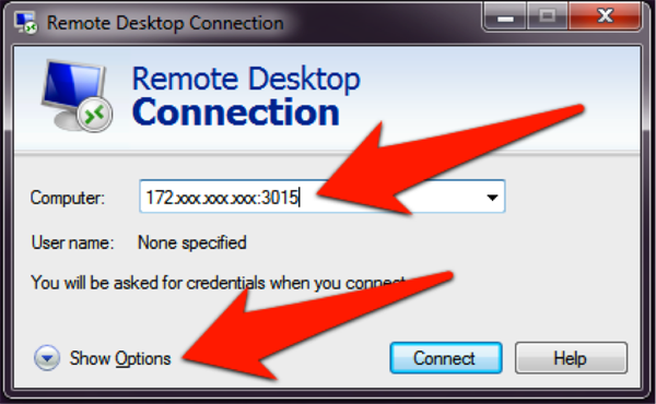 Remote Desktop Connection screenshot: Press "Show Options" on the left-hand corner of the window