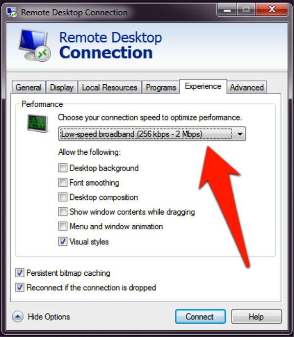 Remote Desktop Connection screenshot: Choose "Low-speed broadband" then press "Connect"