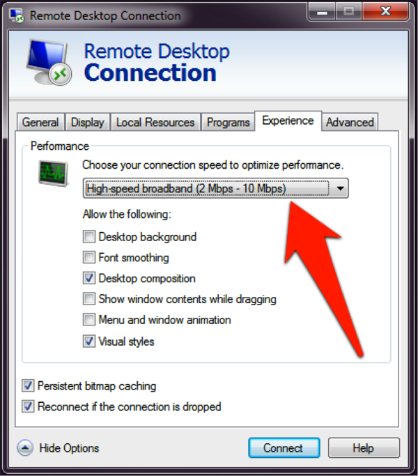 Remote Desktop Connection screenshot: Choose "high-speed broadband" and click "Connect"