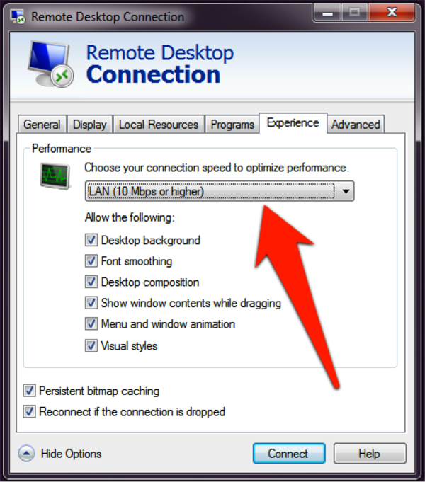 Remote Desktop Connection screenshot: Choose "LAN" then click "connect"