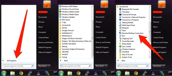 Screenshot of desktop: Click start, all programs, accessories, and then Remote Desktop Connection
