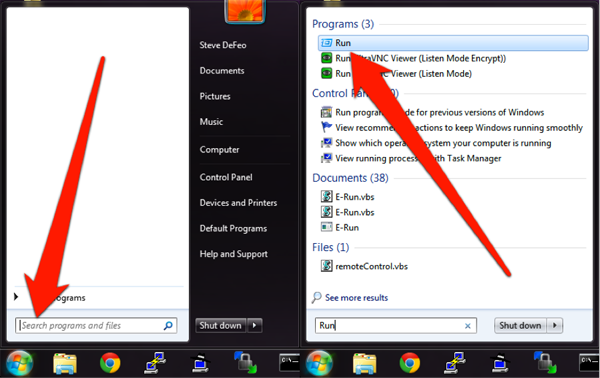 Desktop screenshot: Search for "Run" (without the quotes) in the search bar