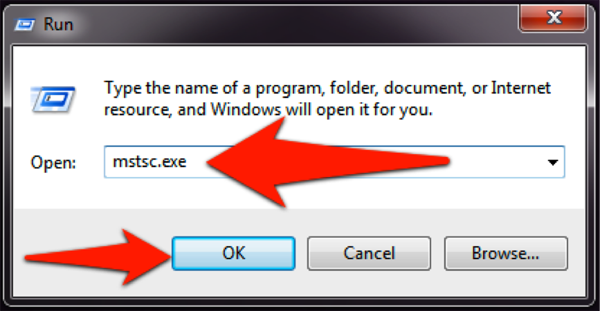 Desktop screenshot: Type in "mstsc.exe" (without quotes) and click OK