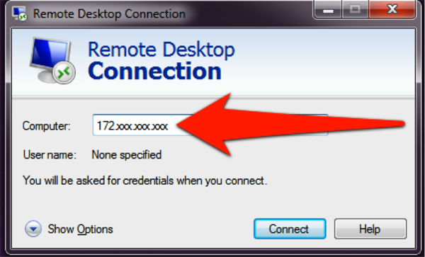Screenshot of Remote Desktop Connection window: Type the IP address into Computer field
