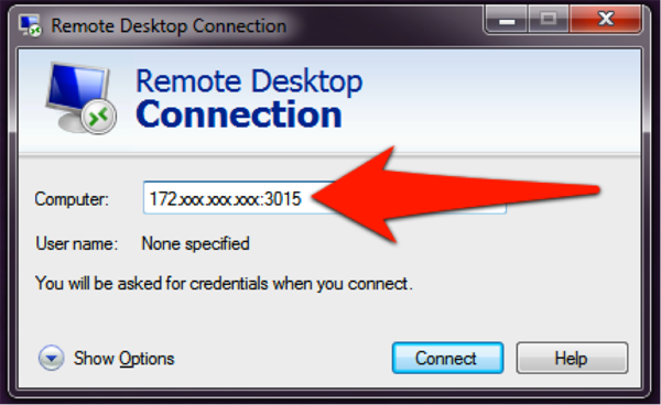 Re,pte Desktop Connection window screenshot: Add colon after IP address then port number in the computer field.