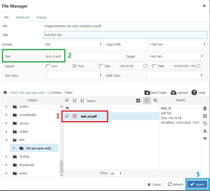 JCE Editor Pro File Manager: Select file, enter title, click "Insert" button