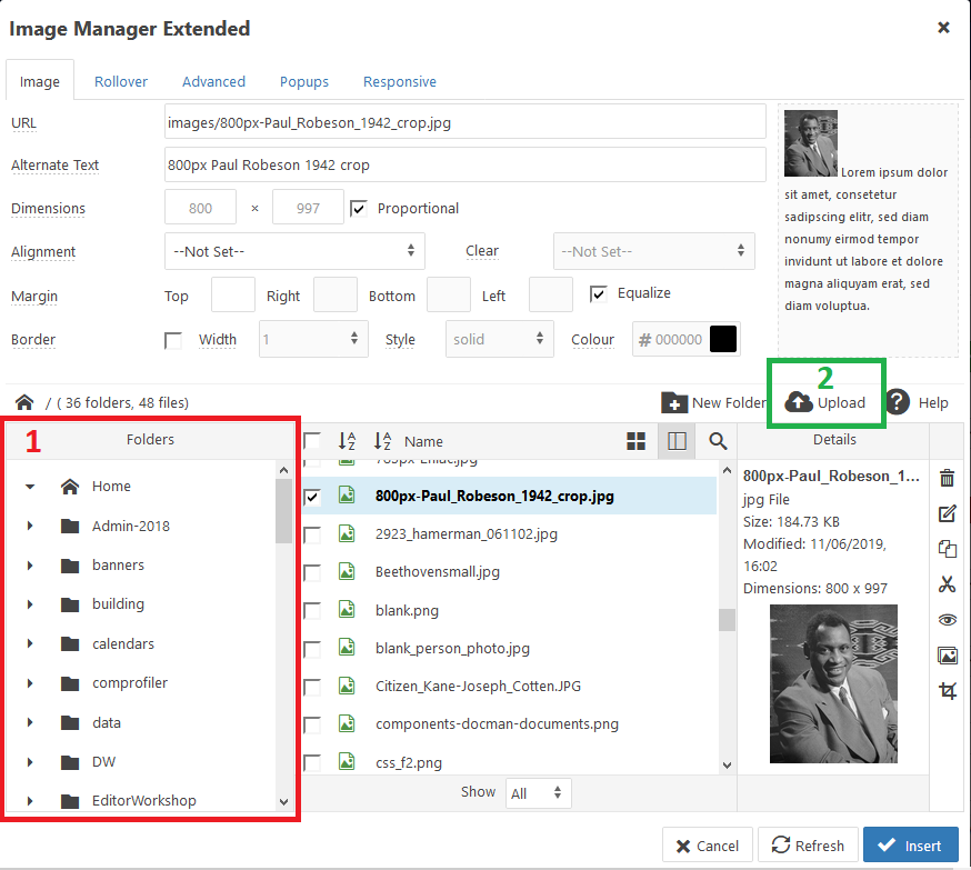 JCE Editor: Image Manager Extended, "Folders" pane and "Upload" button