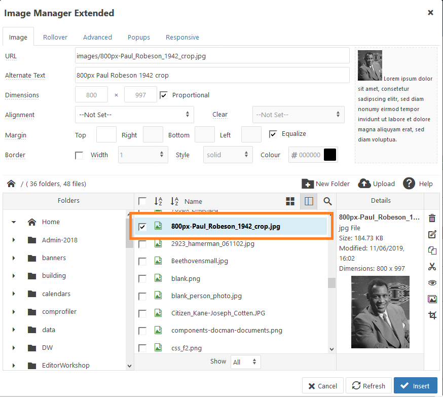JCE Editor: Image Manager Extended, Select filename