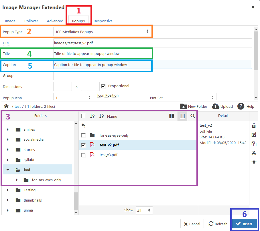 JCE Editor: Image Manager Extended, "Popups" tab