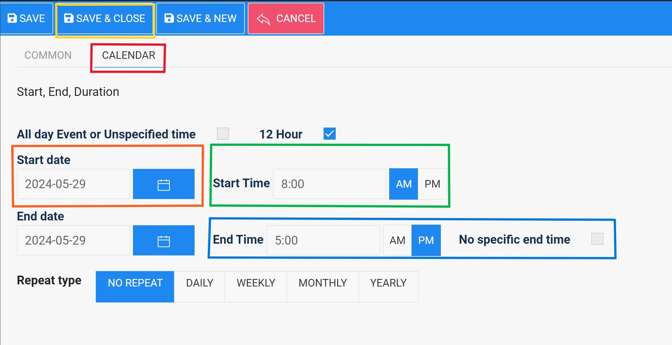 JEvents: Set event date and time