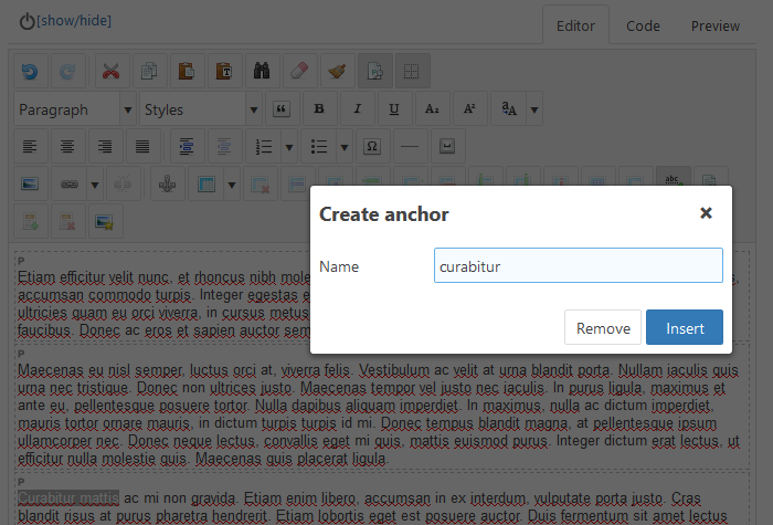 "Create anchor" dialog box
