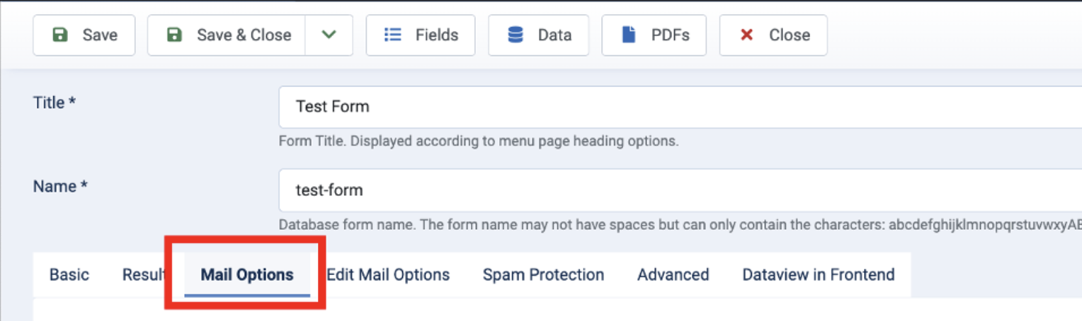 Visforms: Mail Options tab