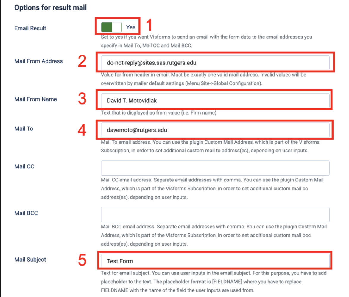 Visforms: Options for result mail