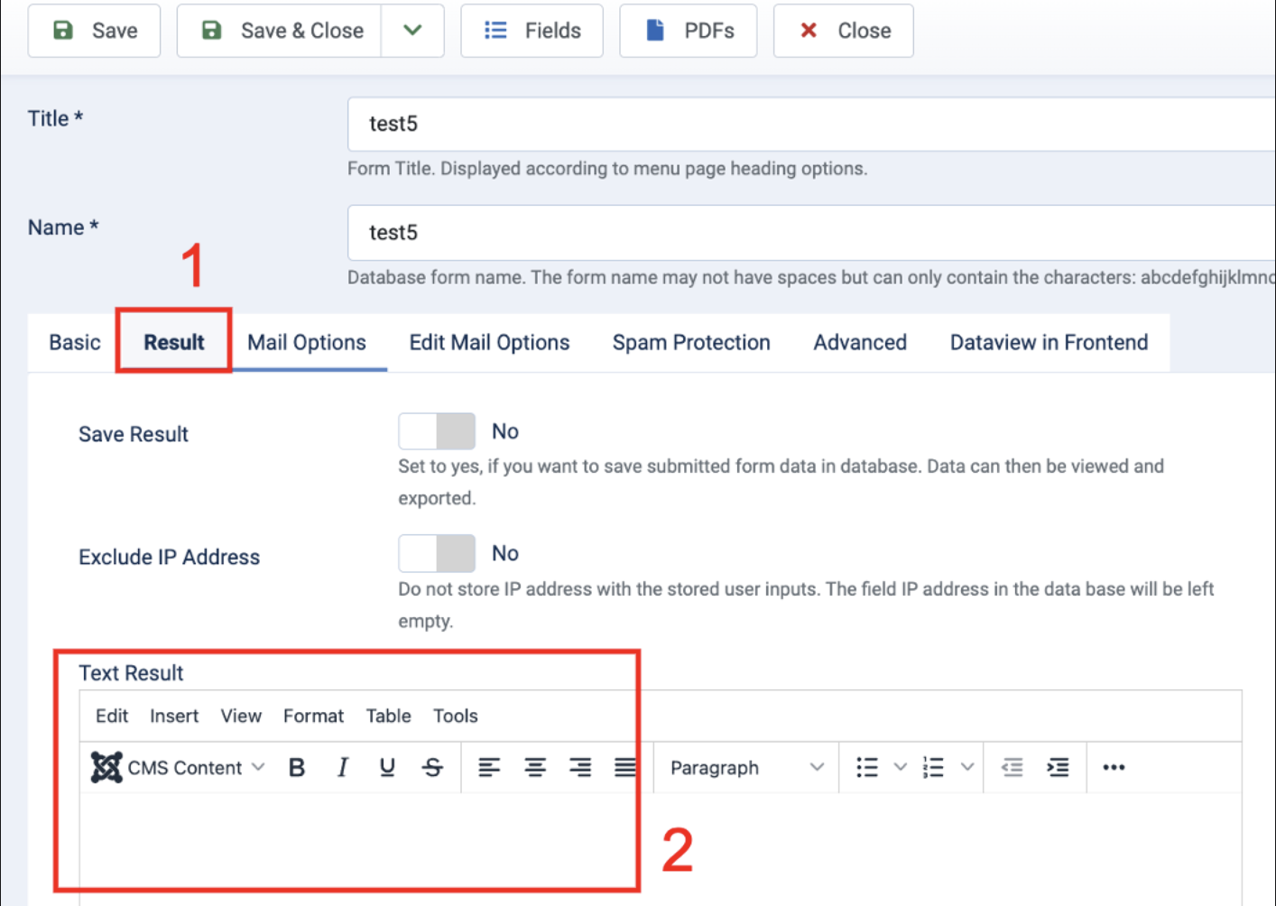 Results tab: Text Result field