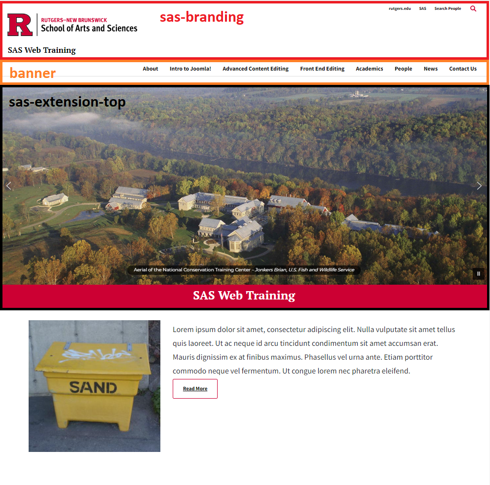 Ccommonly used module positions in the Cassiopeia template: sas-branding, banner, sas-extension-top