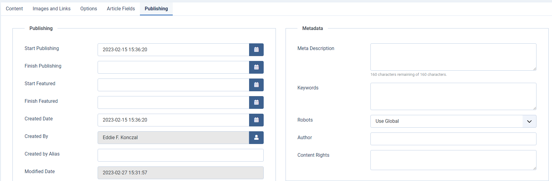 Publishing tab