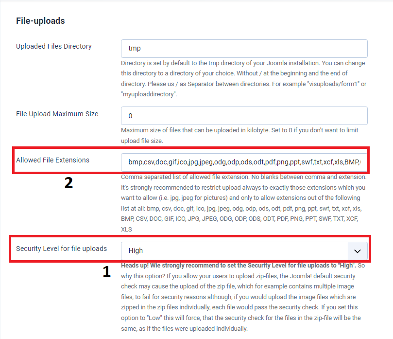 Visforms: File Upload field advanced settings