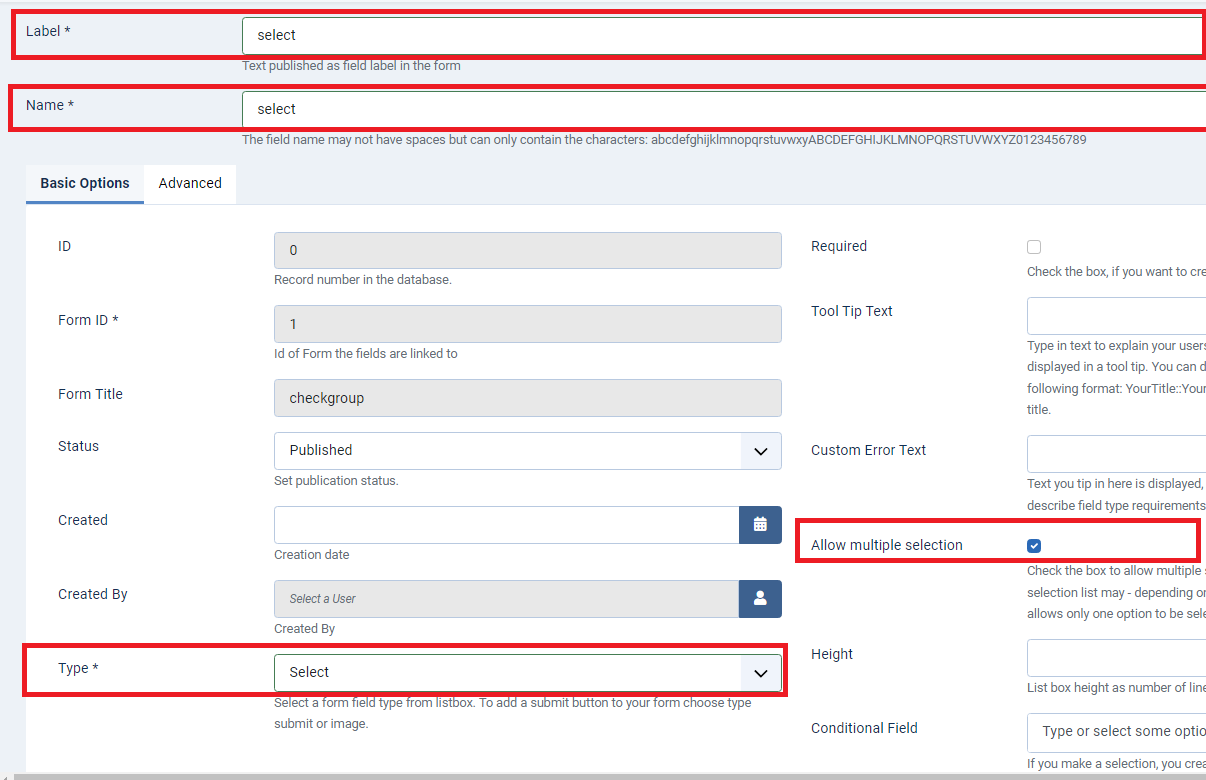 Visforms Select field