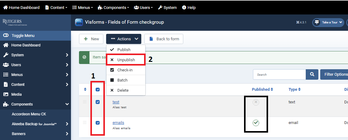 Visforms: Unpublishing form data