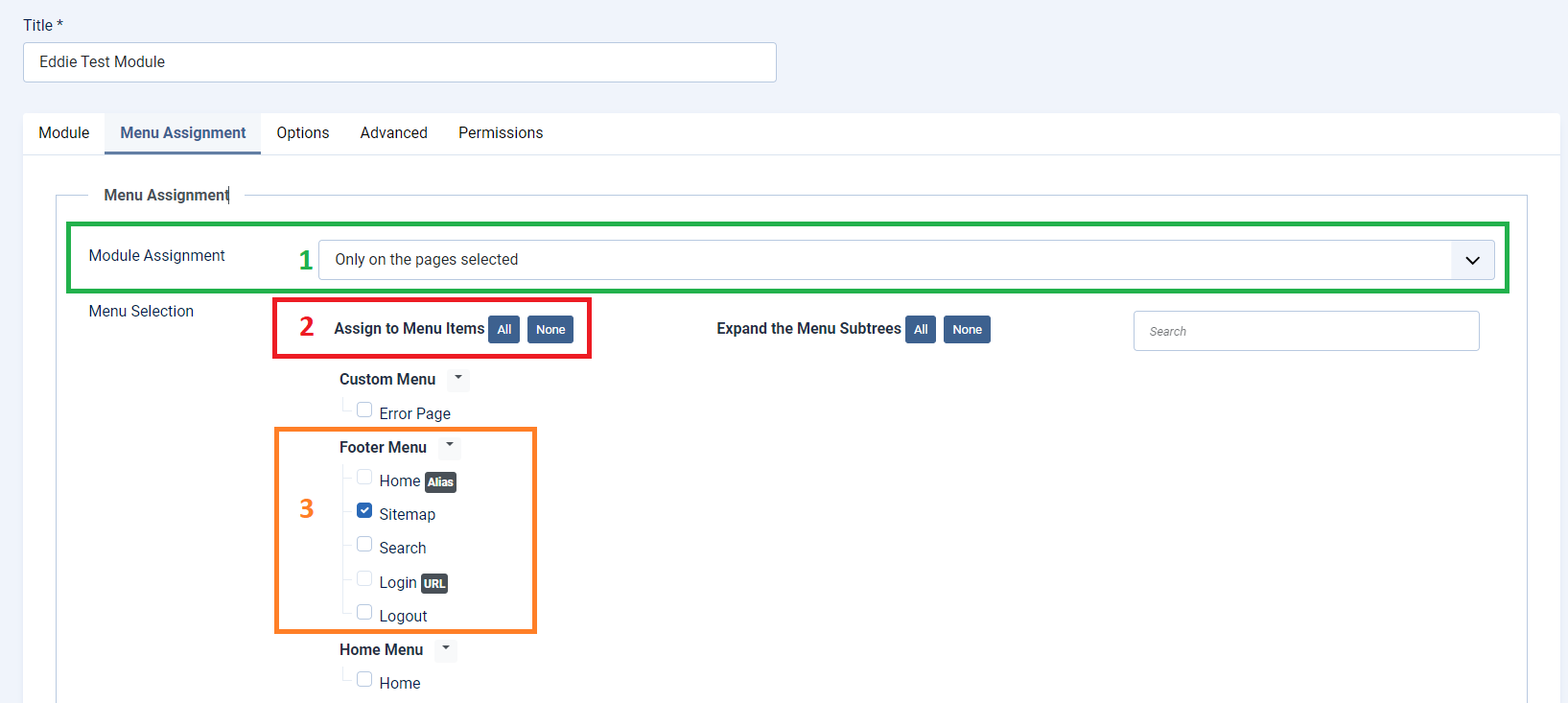 Assigning module to menu items