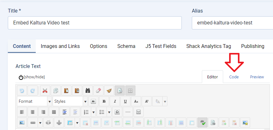 "Code" tab in Joomla! editor