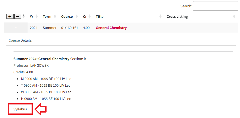 Example of RU Course List module with linked syllabus file