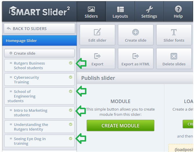 SmartSlider2: Published status of slide