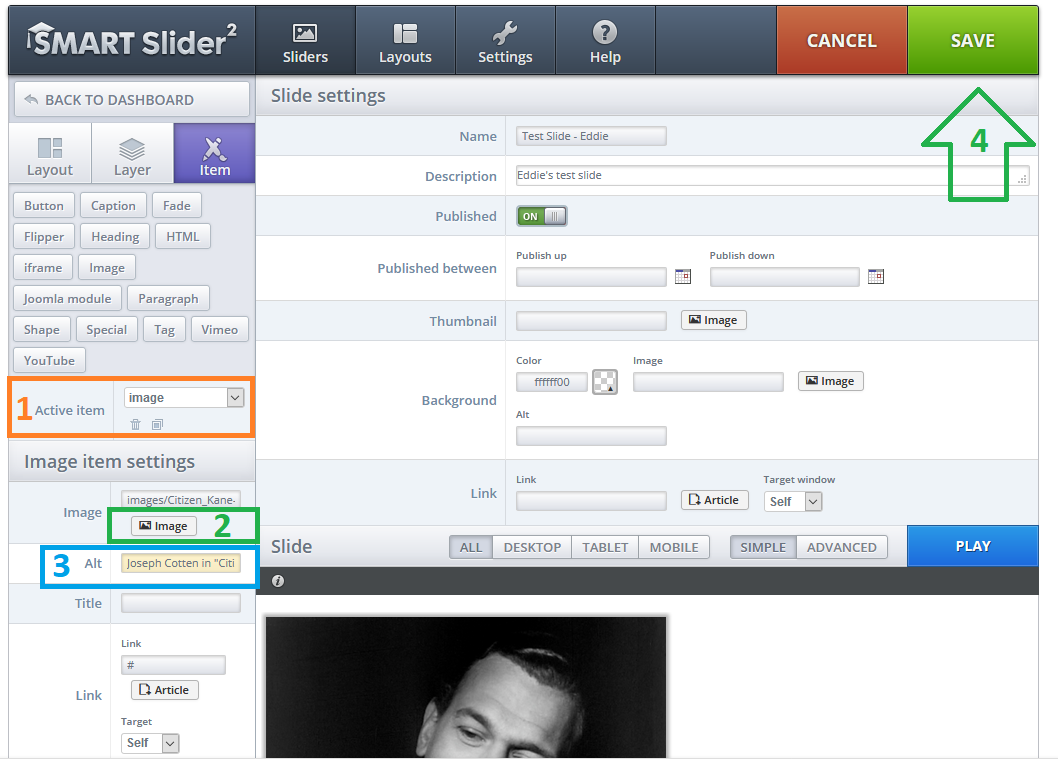 SmartSlider2: Select image for new slide, enter "alt txt" and save