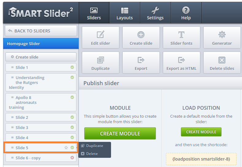 SmartSlider2: Select slide to edit