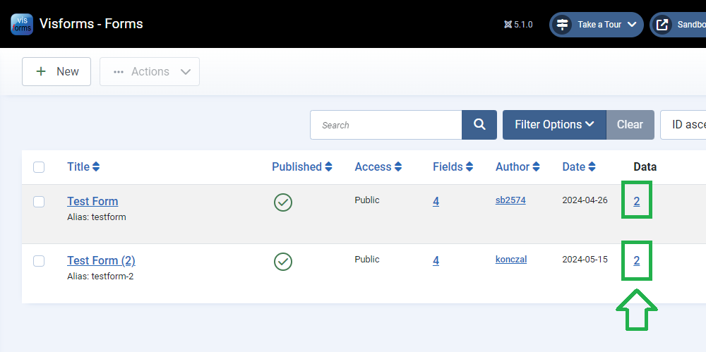 Visforms: "Data" column entries