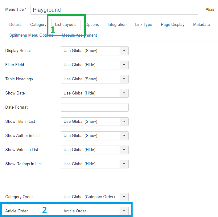 Category List Menu item: "List Layouts" Tab