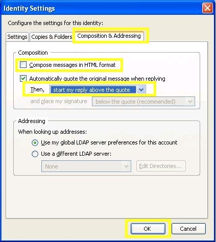 Thunderbird screenshot:  Select "start my reply above the quote" and click OK