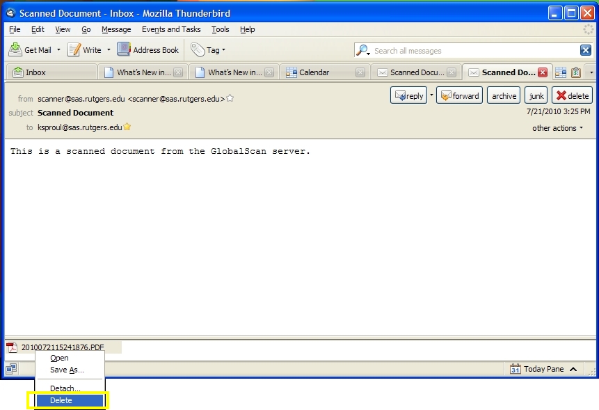 Thunderbird screenshot: Right-click the document icon on the bottom-left corner of the window