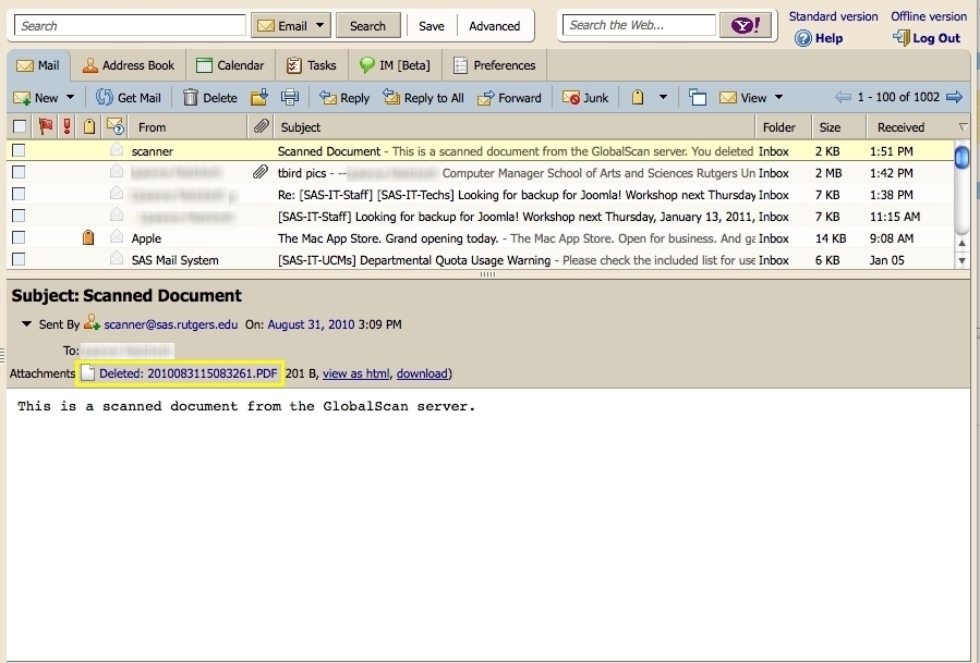 Zimbra screenshot: Will also show as deleted in Zimbra Web interface