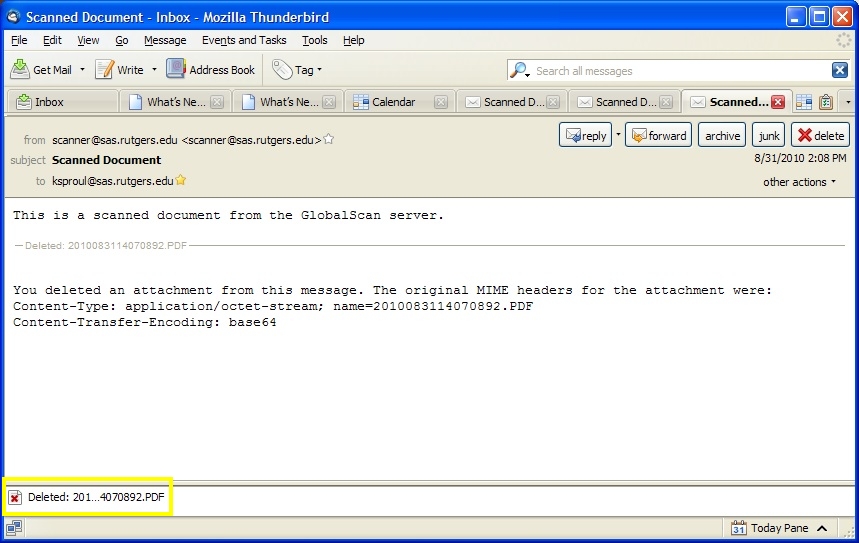 Thunderbird screenshot: Attachment will show as "DELETED"