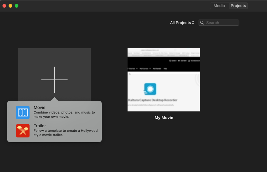 iMovie: Create new movie project