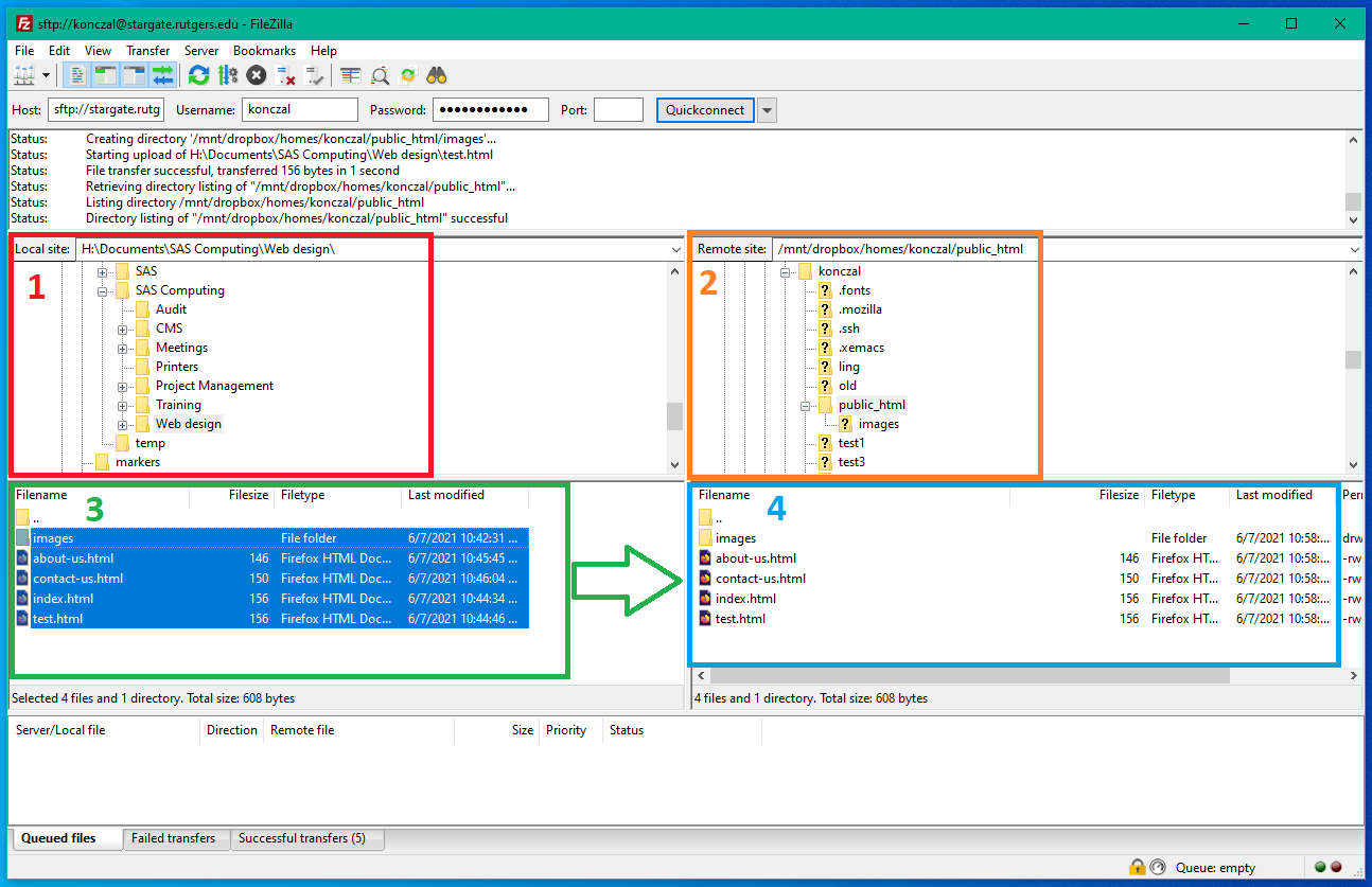 FileZilla: Locate directories and transfer files to server
