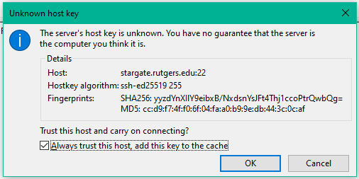 FileZilla: "Unknown host key" message