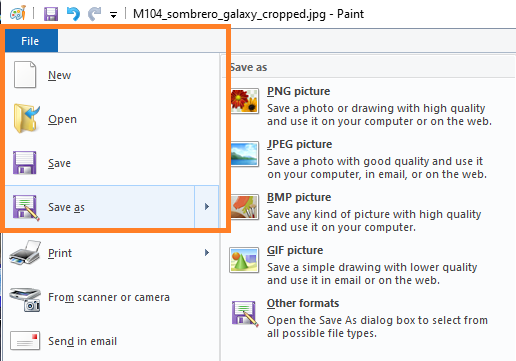 Microsoft Paint: "File" - "Save as"
