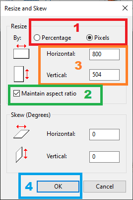 Microsoft Paint "Resize and Skew" dialog
